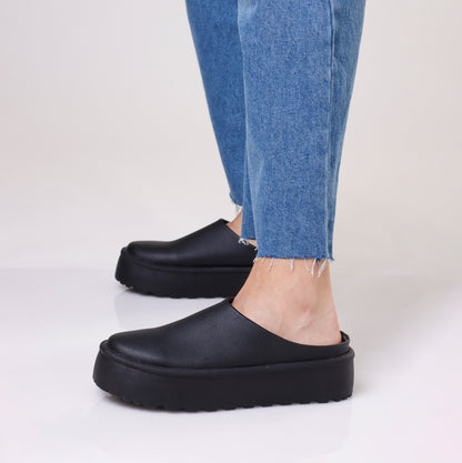 Platform Slipper | Leather Black & Beige