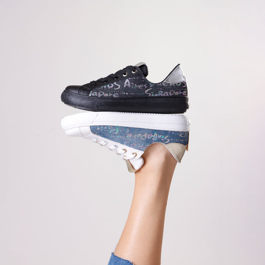 Flat Shoes | Graffiti Denim & Black