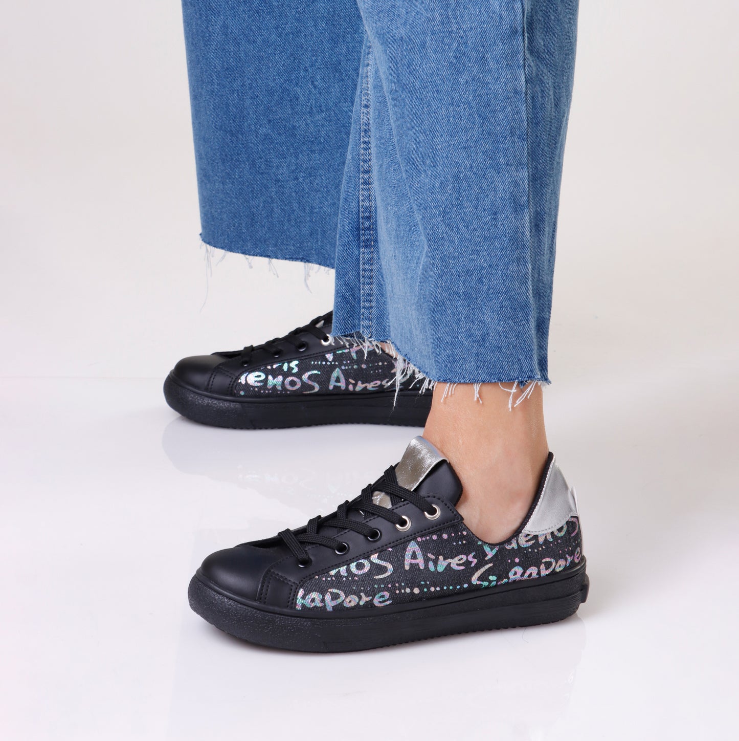 Flat Shoes | Graffiti Denim & Black