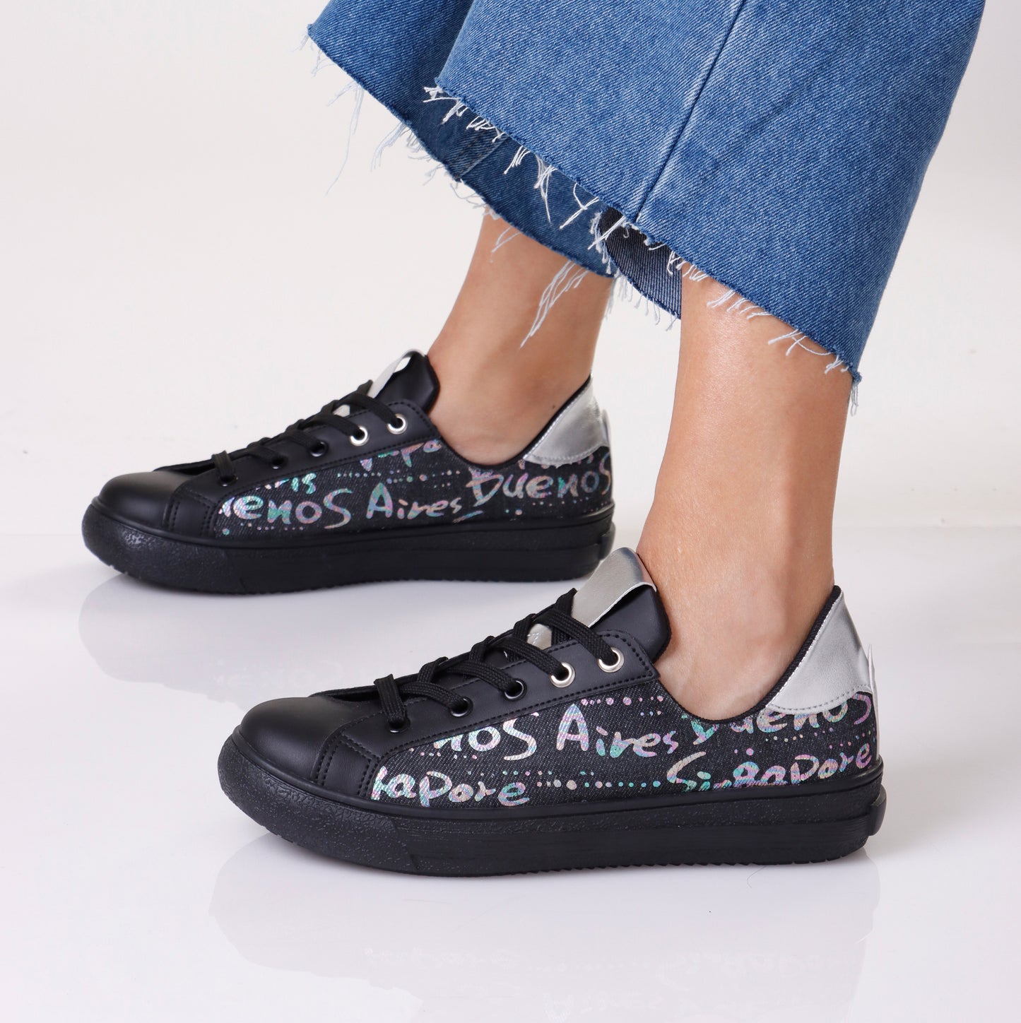 Flat Shoes | Graffiti Denim & Black