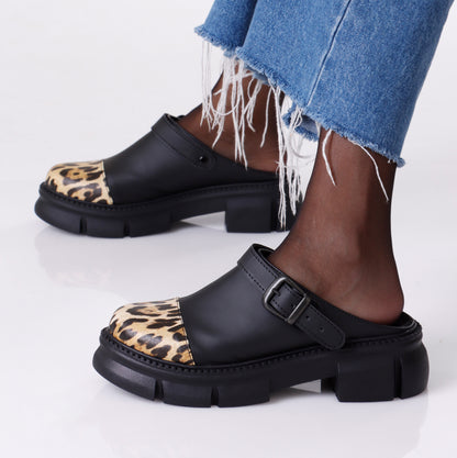 Slip on Buckle Loafer | Black & Leopard