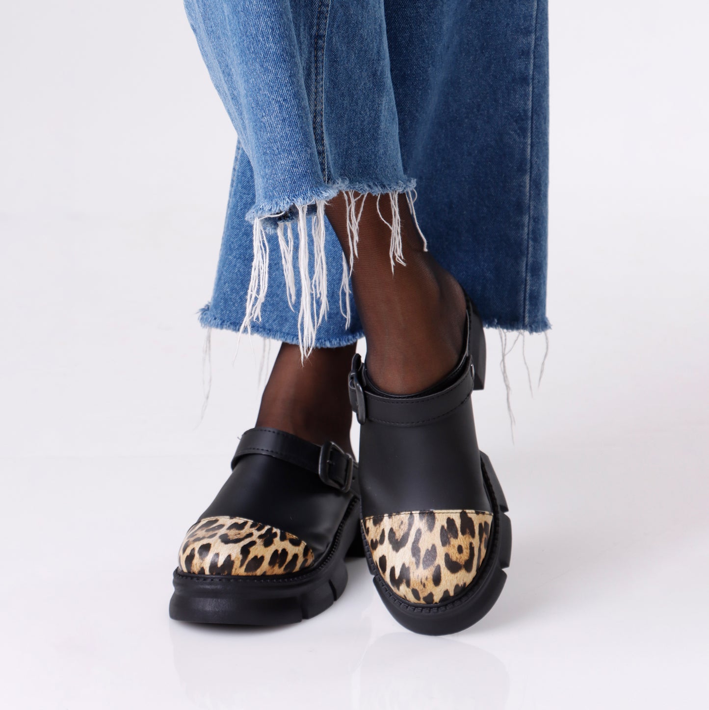 Slip on Buckle Loafer | Black & Leopard