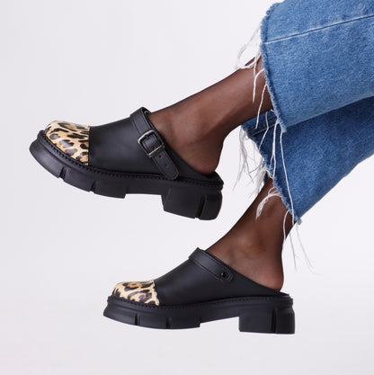 Slip on Buckle Loafer | Black & Leopard