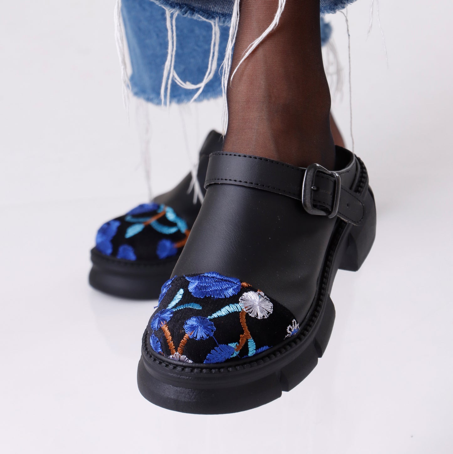 Slip on Buckle Loafer | Black & Floral Blue