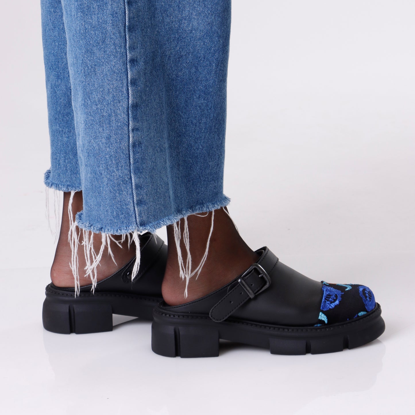 Slip on Buckle Loafer | Black & Floral Blue