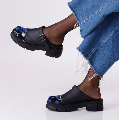 Slip on Buckle Loafer | Black & Floral Blue