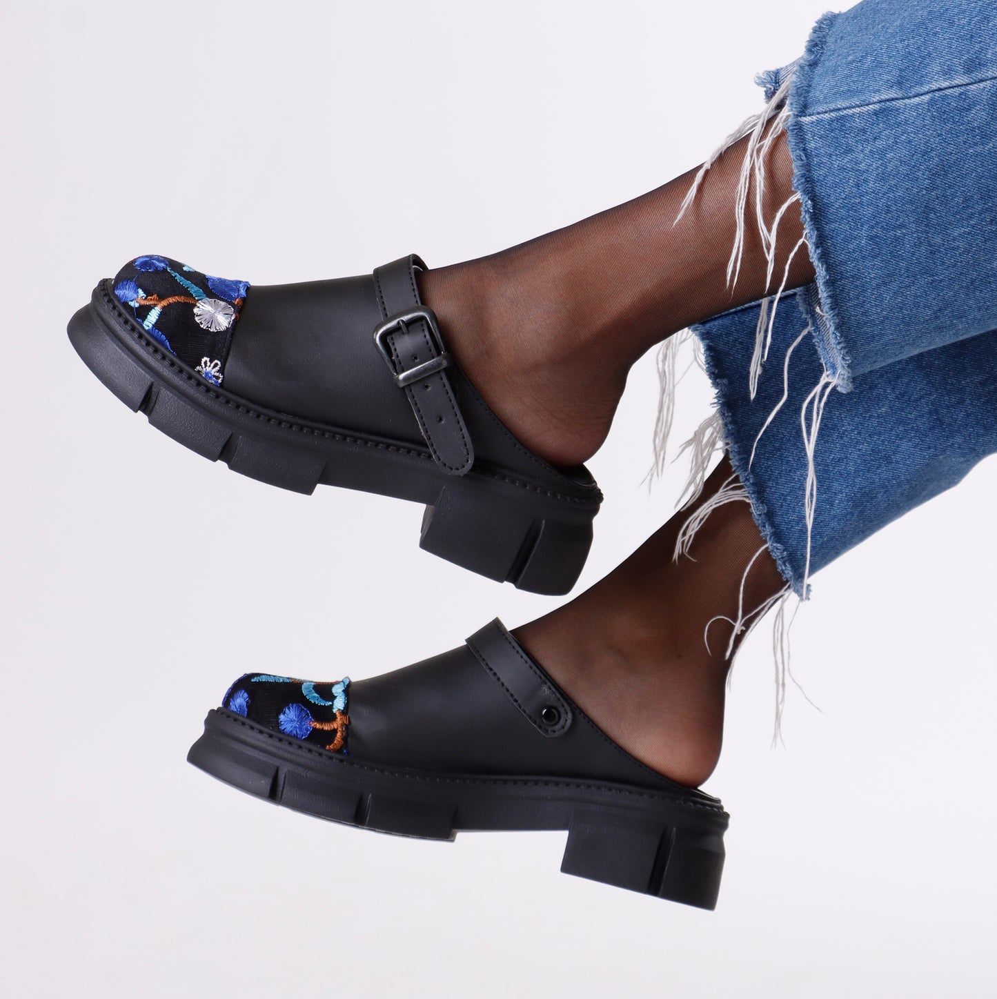 Slip on Buckle Loafer | Black & Floral Blue