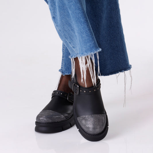 Slip on Buckle Loafer | Black & Silver