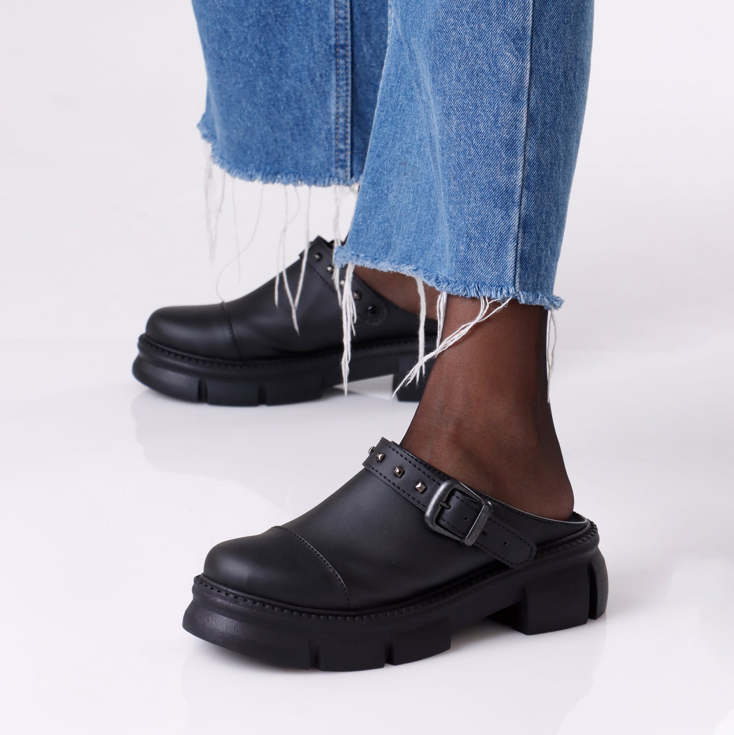 Slip on Buckle Loafer | Black with Studs